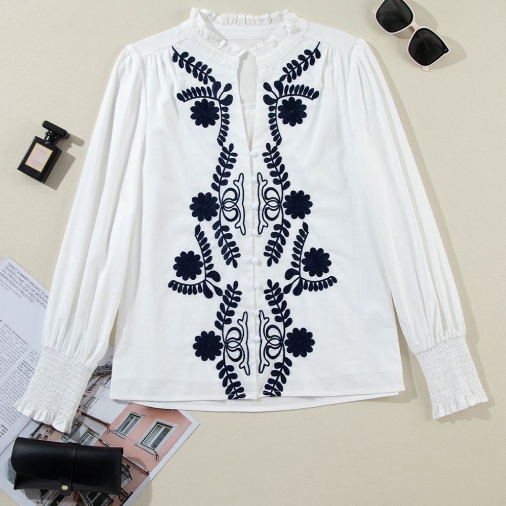 White Floral Embroidered Shirred‎ Sleeve Elegant Shirt